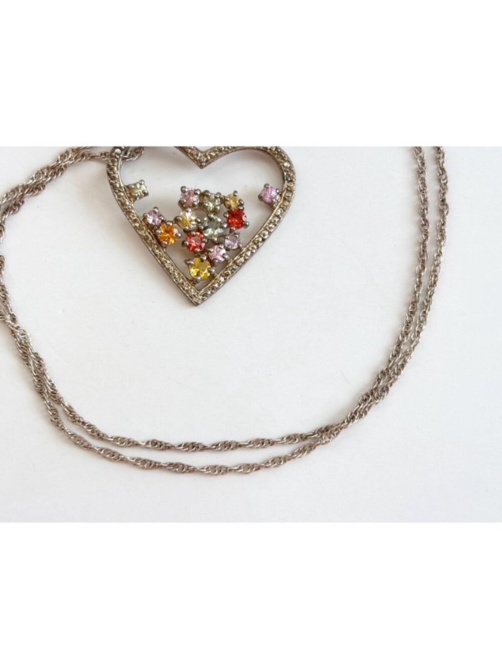Rainbow Gemstone Heart Shaped Sterling Silver 925 Vintage Pendant Necklace - 18" - Picture 6 of 16